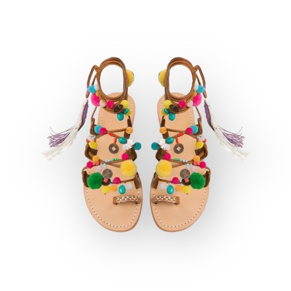 VHTF: new Mystique x Anthro 𖦹 Tokyo Pom Pom Ankle Wrap Toe Loop Leather Sandal - Picture 16 of 17